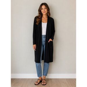 For the Republic Black Ribbed Longline Pocket Cardigan Medium #786
